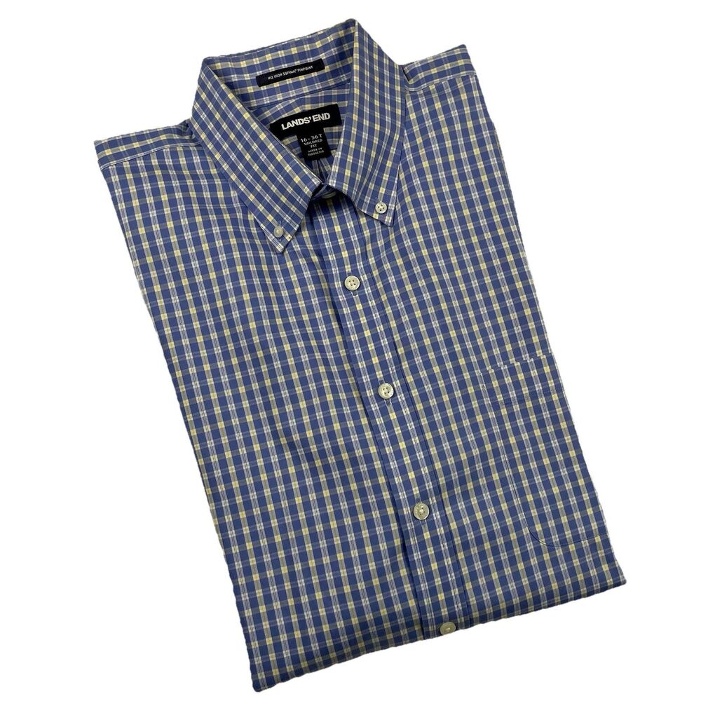 Lands End Mens Supima Long Sleeve Button Up Pinpoint Shirt Blue Yellow 16 (36